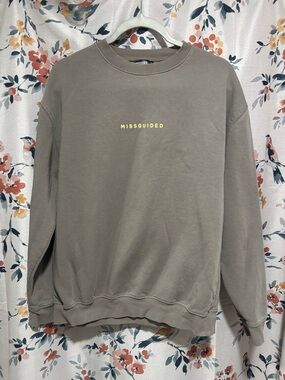 Missguided + Taupe Crewneck Sweatshirt with Yellow Logo